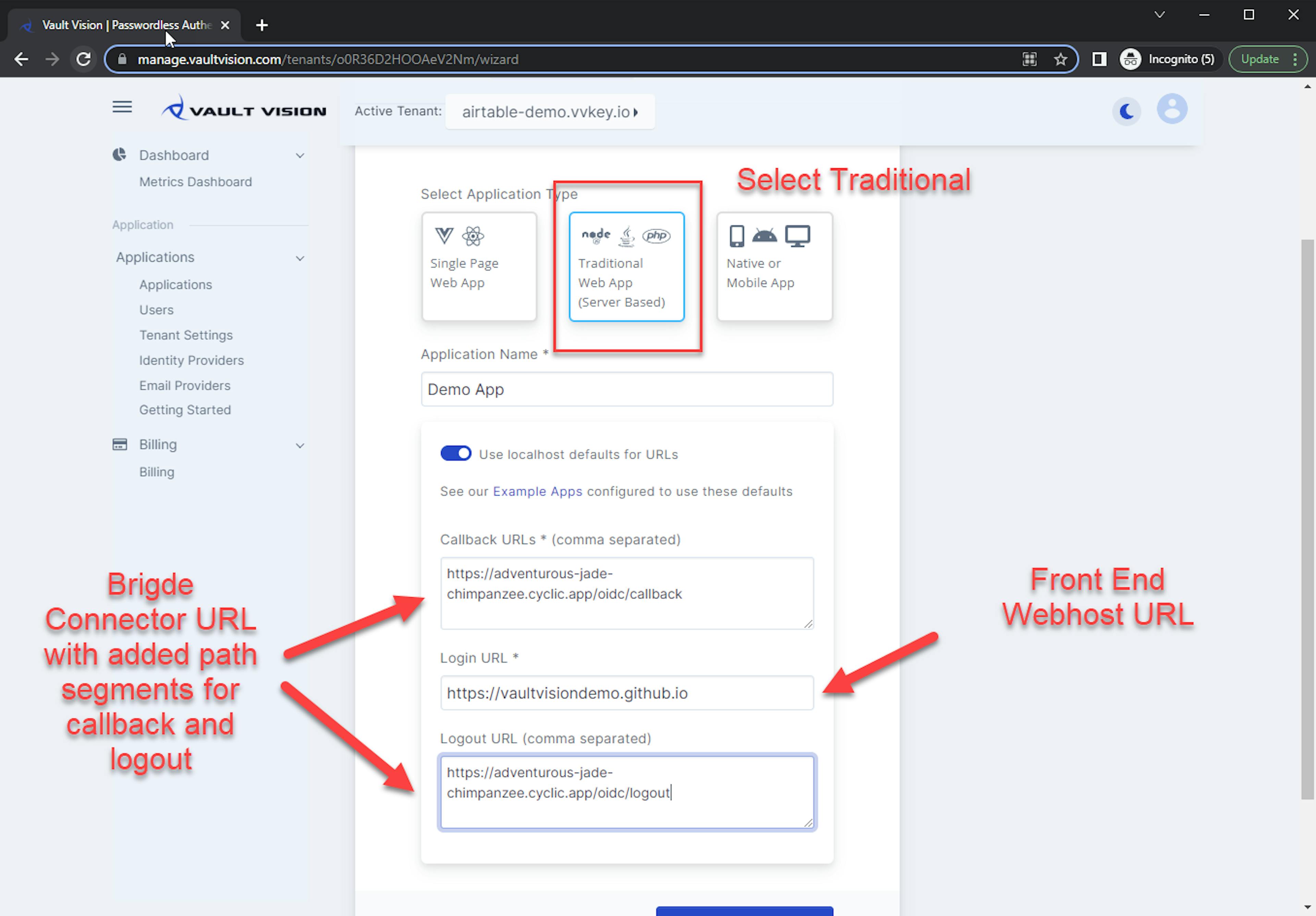Settings for your auth application to link back to your website and bridge connector