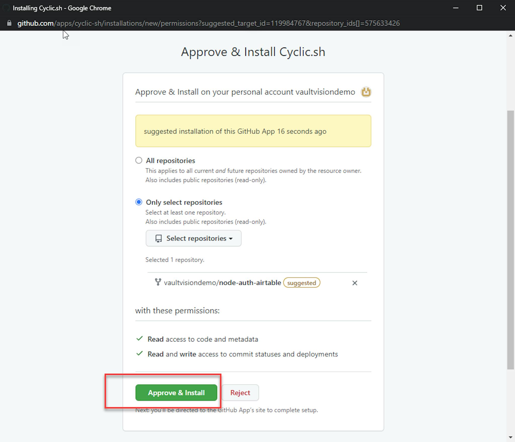 Give Cyclic the go-ahead to install your auth bridge connector
