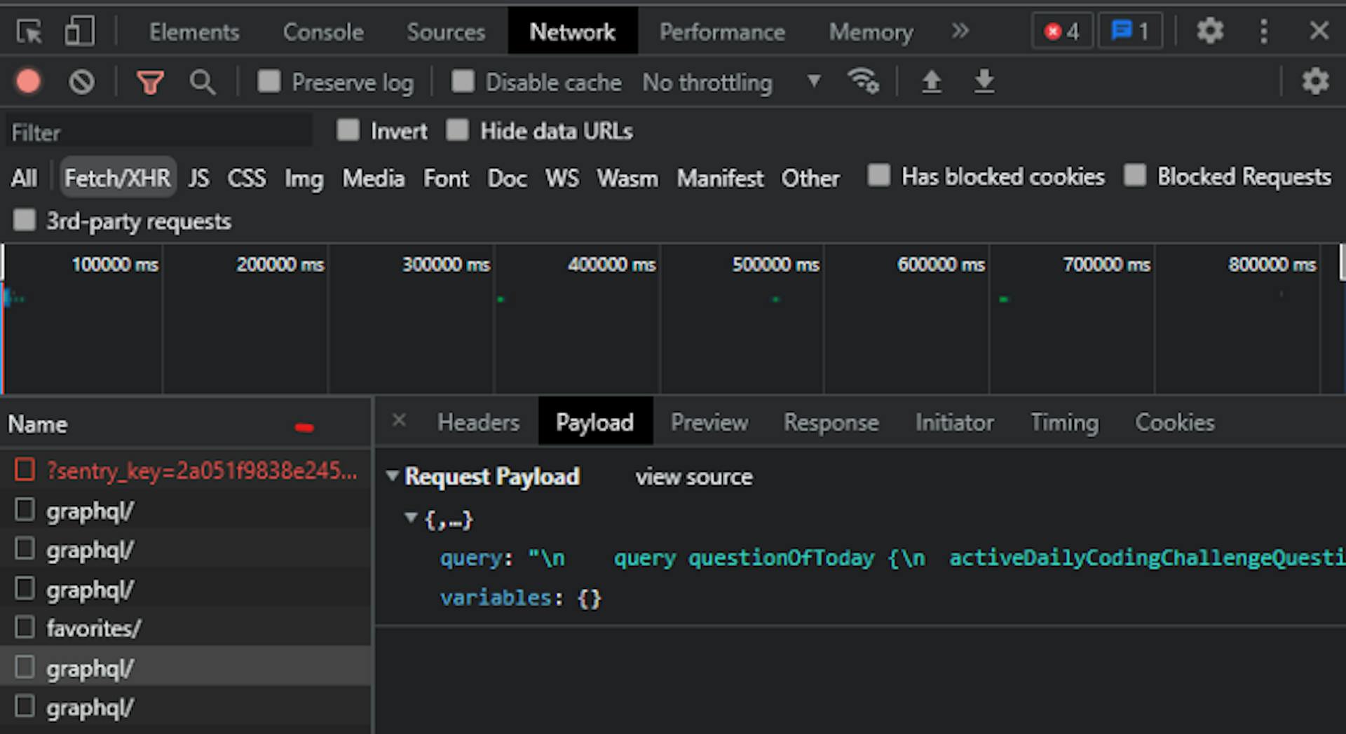 Since LeetCode is using GraphQL, you would need to check out the “Payload” tab to see the GraphQL body