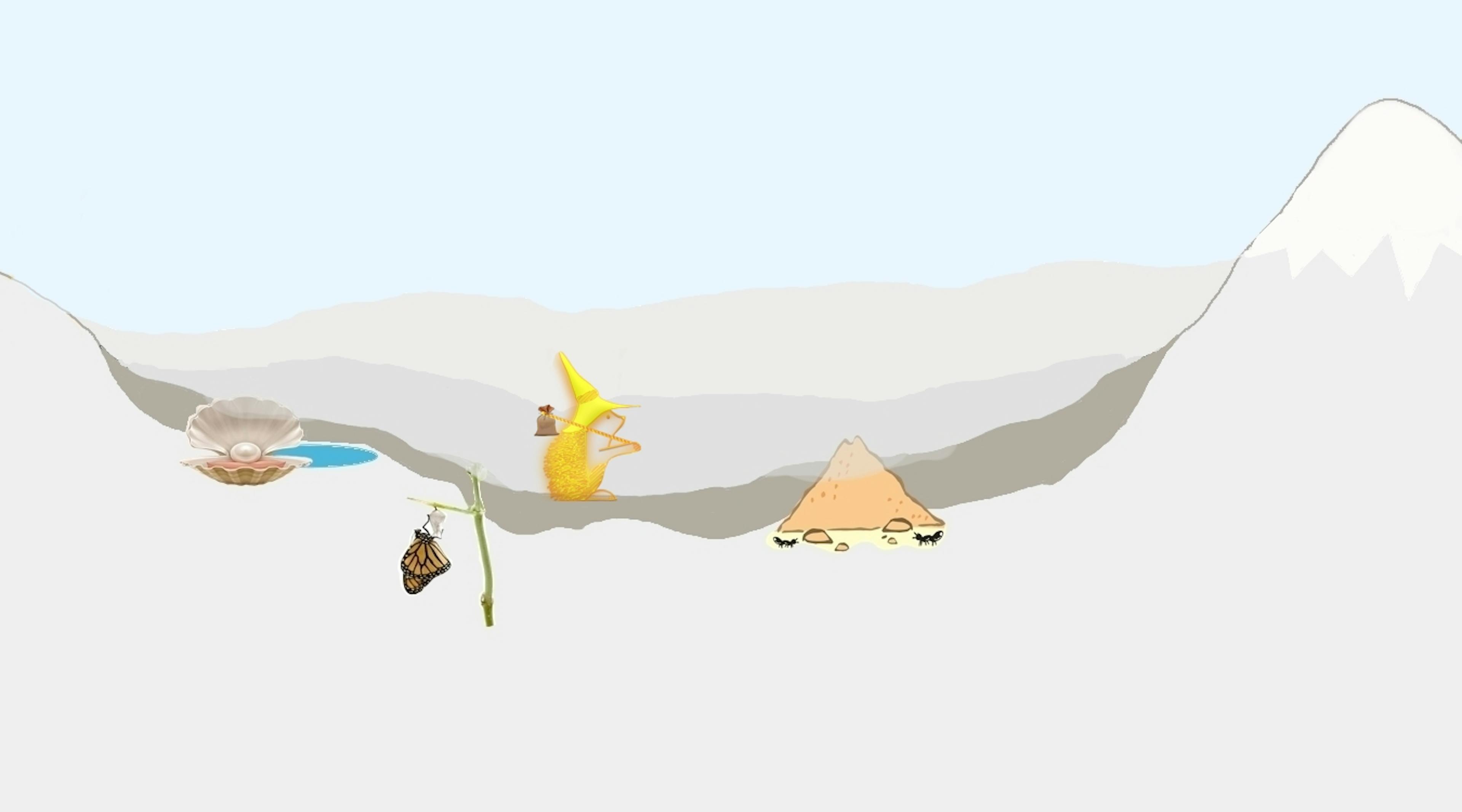The image above was composed by me with the help of the hedgehog, butterfly, perl, and ants images.